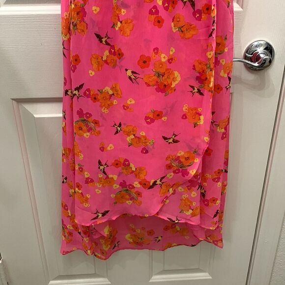Free Bird Medium Pink Scoop Neck Spaghetti Straps Hi Lo Hem Birds Flowers Dress - Picture 4 of 8